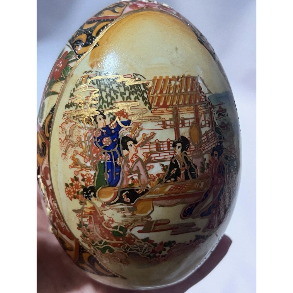 Vintage Japanese Handmade Egg-Shaped Vase Hand-Painted Geisha Scene Decorative A